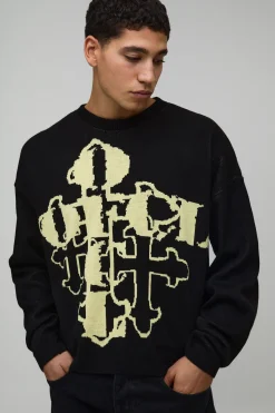 boohooMAN synthétiquell Jacquard Gothique Ample et Décontracté<Homme Maille|Mailles