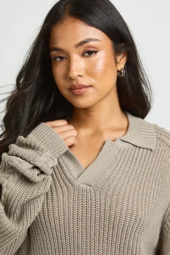 Synthétiquell Long Col Chemise En Maille Côtelée Avec Encolure En V