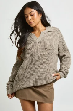 Synthétiquell Long Col Chemise En Maille Côtelée Avec Encolure En V