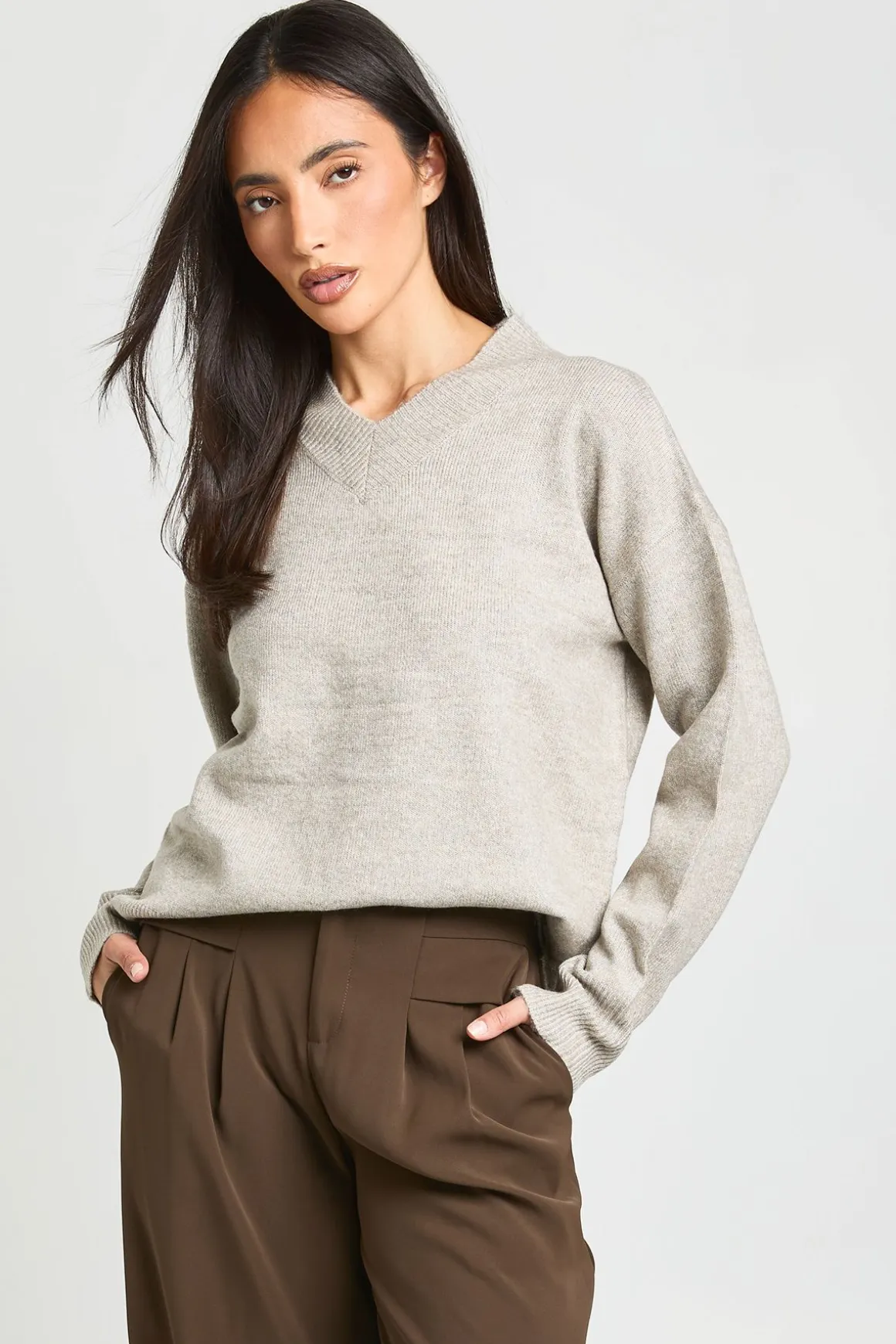 Synthétiquell Long Col V En Maille Douce