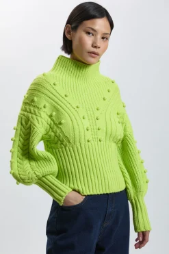KarenMillen Synthétiquell Petite En Maille Torsadée Mélange Viscose À Manches Ballon Et Détails Pompons<Femme Pulls Et Gilets|Toutes Les Mailles