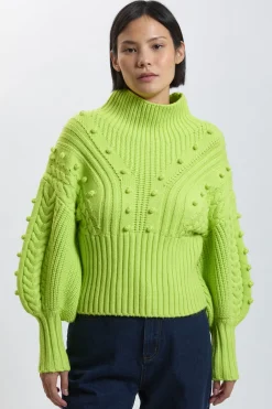 KarenMillen Synthétiquell Petite En Maille Torsadée Mélange Viscose À Manches Ballon Et Détails Pompons<Femme Pulls Et Gilets|Toutes Les Mailles