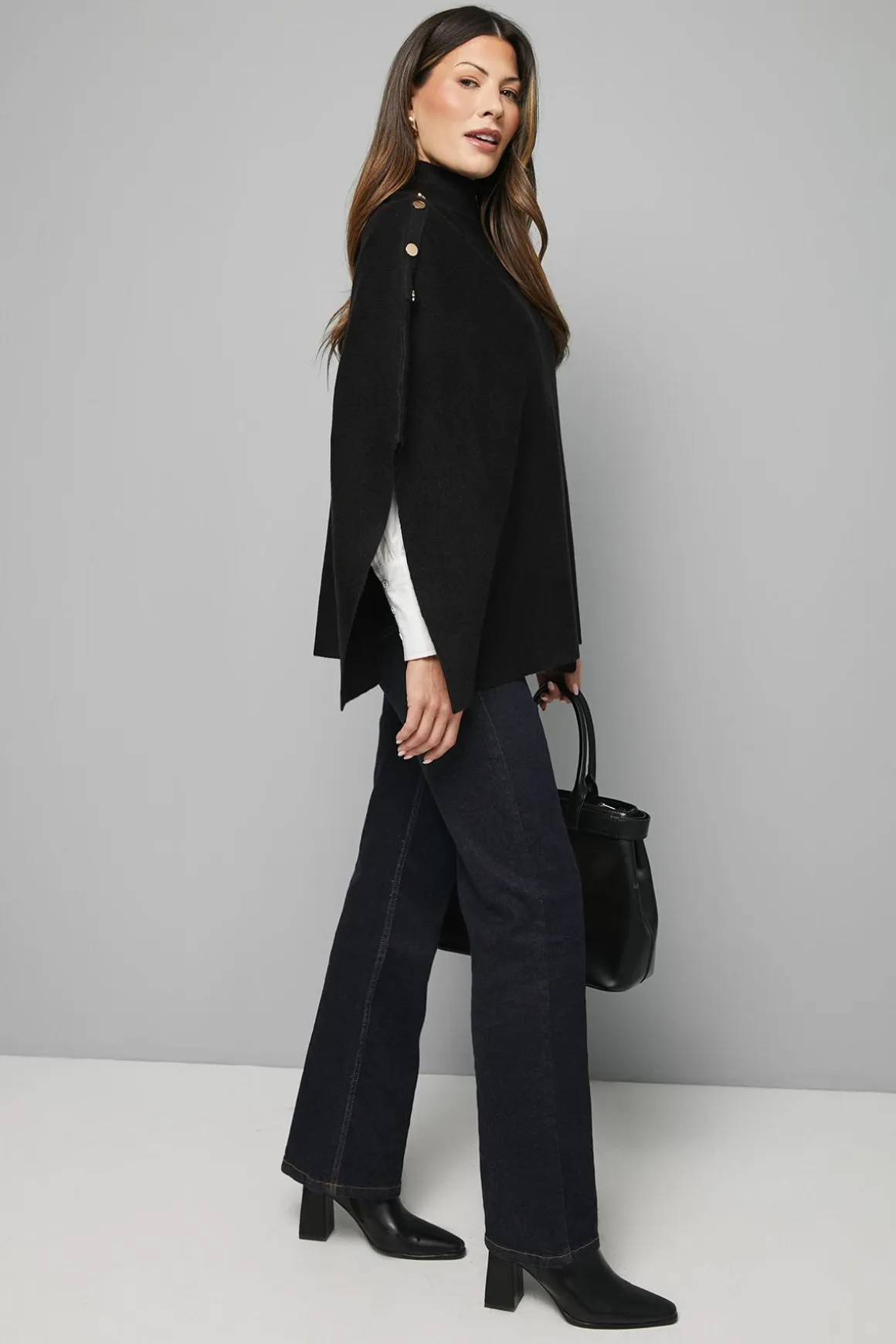 synthétiquell Poncho Tricoté Col Montant avec Détails Boutonnés