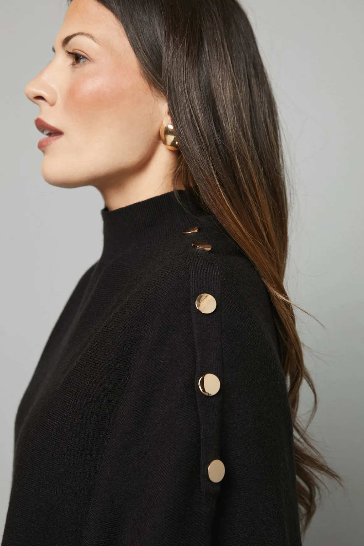 synthétiquell Poncho Tricoté Col Montant avec Détails Boutonnés