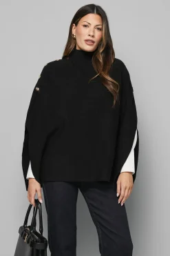 synthétiquell Poncho Tricoté Col Montant avec Détails Boutonnés