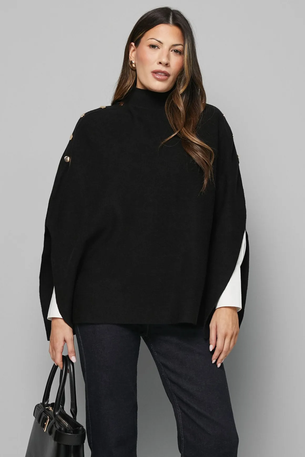 synthétiquell Poncho Tricoté Col Montant avec Détails Boutonnés