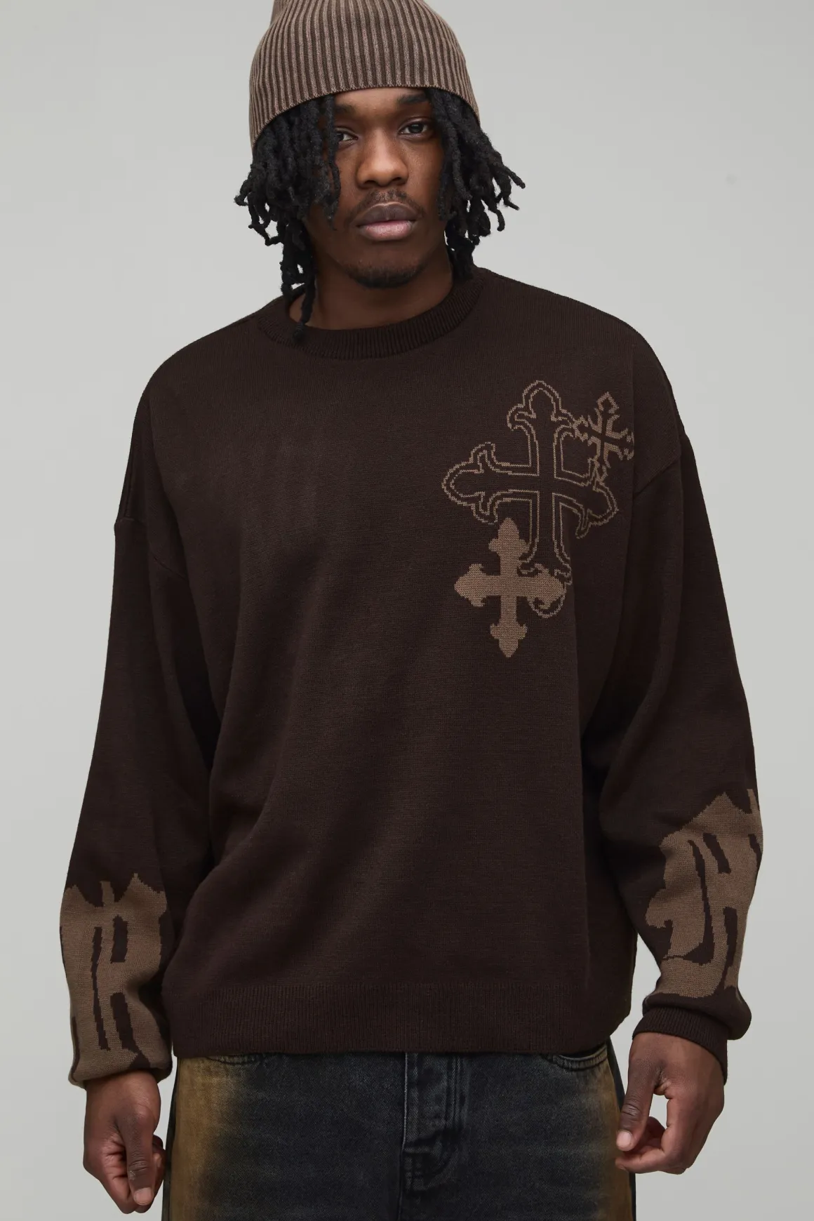 Synthétiquell Tricoté Ample Oversize à Motif Croix Graphique - Coupe Tall