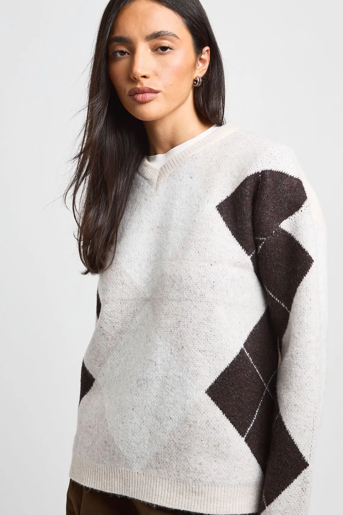 Synthétiquell Tricoté Col V Motif Argyle