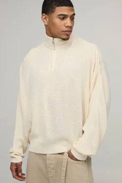 Synthétiquell Tricoté Col Zippé 1/4 Gaufré Coupe Ample Oversize