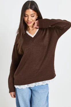boohoo Synthétiquell Tricoté À Encolure En Dentelle<Femme Looks Chocolat|Pulls Et Gilets
