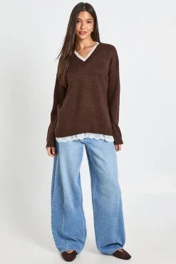 boohoo Synthétiquell Tricoté À Encolure En Dentelle<Femme Looks Chocolat|Pulls Et Gilets
