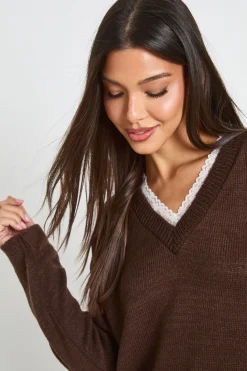 boohoo Synthétiquell Tricoté À Encolure En Dentelle<Femme Looks Chocolat|Pulls Et Gilets