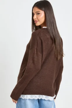 boohoo Synthétiquell Tricoté À Encolure En Dentelle<Femme Looks Chocolat|Pulls Et Gilets