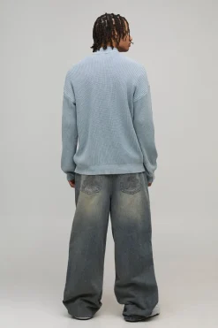 boohooMAN synthétiquell Tricoté à Fermeture Éclair Col Cheminée Côtelé Délavage Acide Coupe Décontractée<Homme Maille|Mailles
