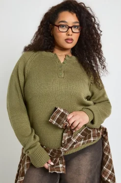 synthétiquell Tricoté Henley Grande Taille à Coutures Apparentes