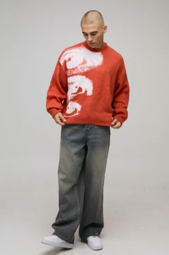 Synthétiquell Tricoté Oversize Boxy avec Motif Œil Brossé