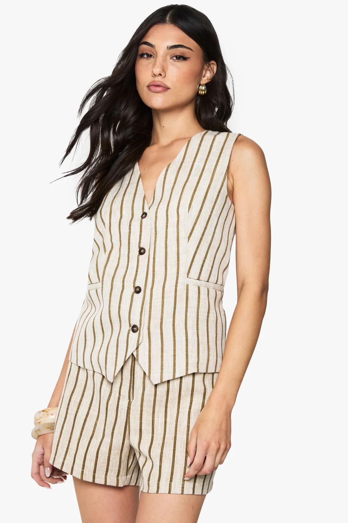 Tailored Pinstripe Linen Look Button Waistcoat