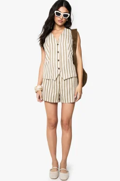 Tailored Pinstripe Linen Look Button Waistcoat