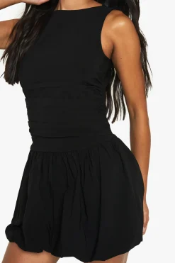 Tailored Slash Neck Puff Ball Mini Dress