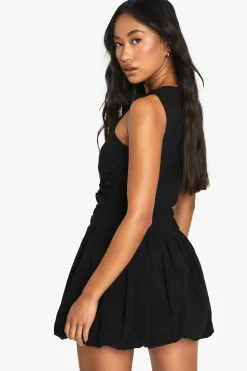 Tailored Slash Neck Puff Ball Mini Dress