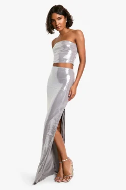 boohoo Tall - Ensemble pailleté avec bandeau et jupe longue<Femme Ensembles