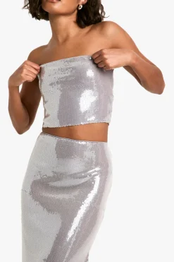 boohoo Tall - Ensemble pailleté avec bandeau et jupe longue<Femme Ensembles