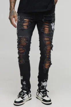 Tall Floral Embroidered Ripped Skinny Jeans