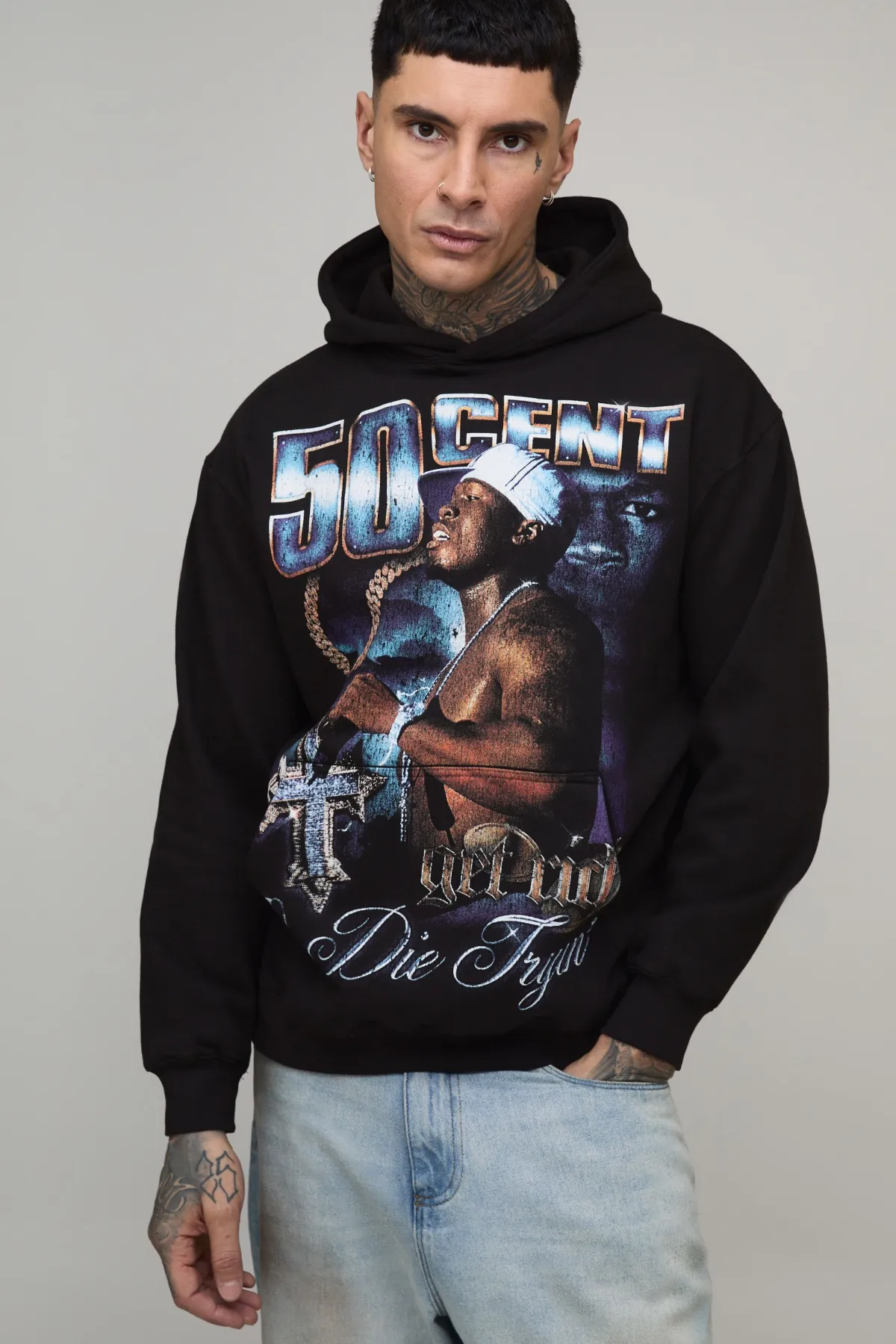 boohooMAN Tall Oversized 50 Cent License Printed Hoodie<Homme Tout Afficher|Sweats À Capuche Tall