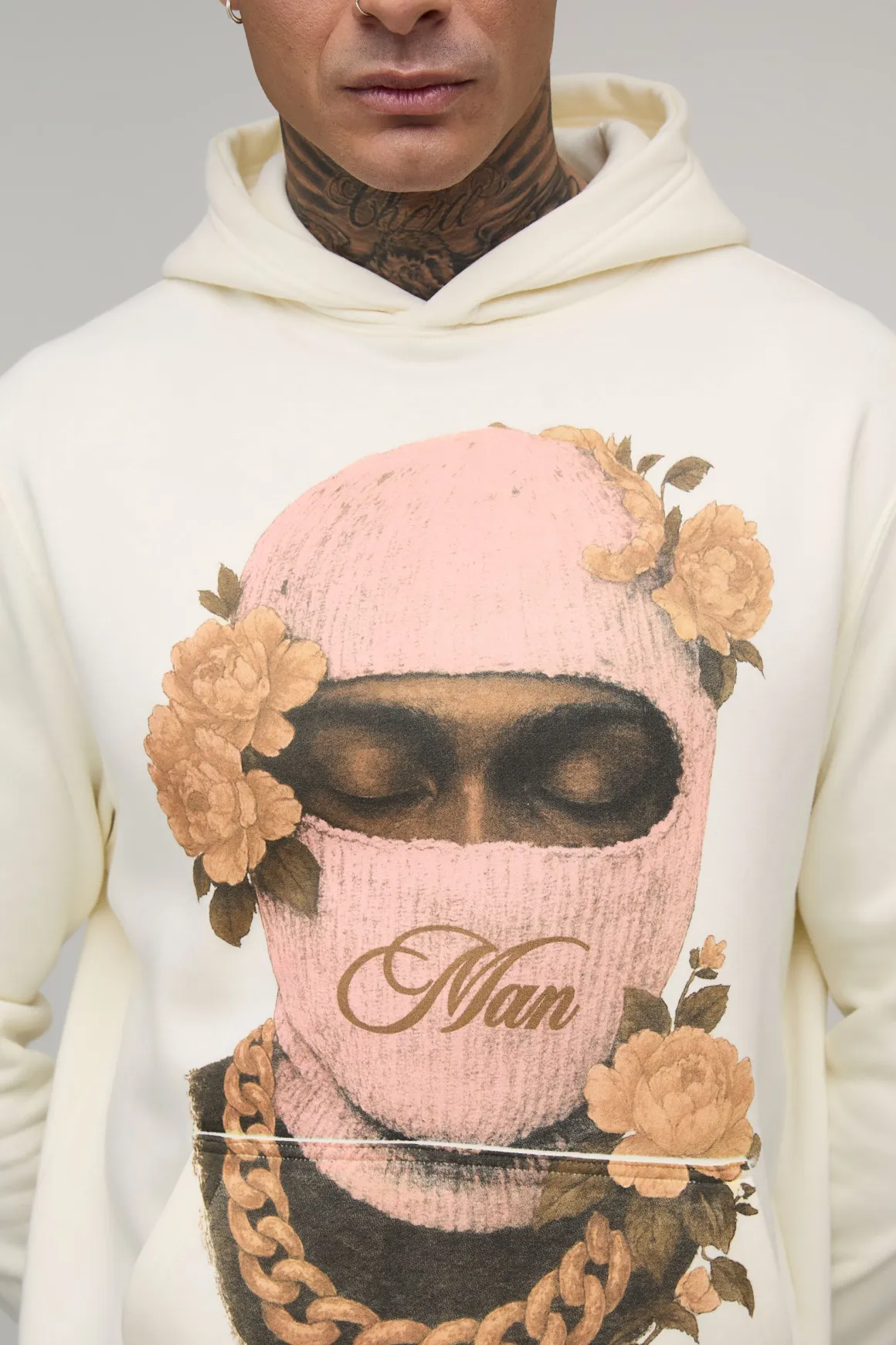 Tall Regular Fit Man Floral Ski Mask Printed Hoodie