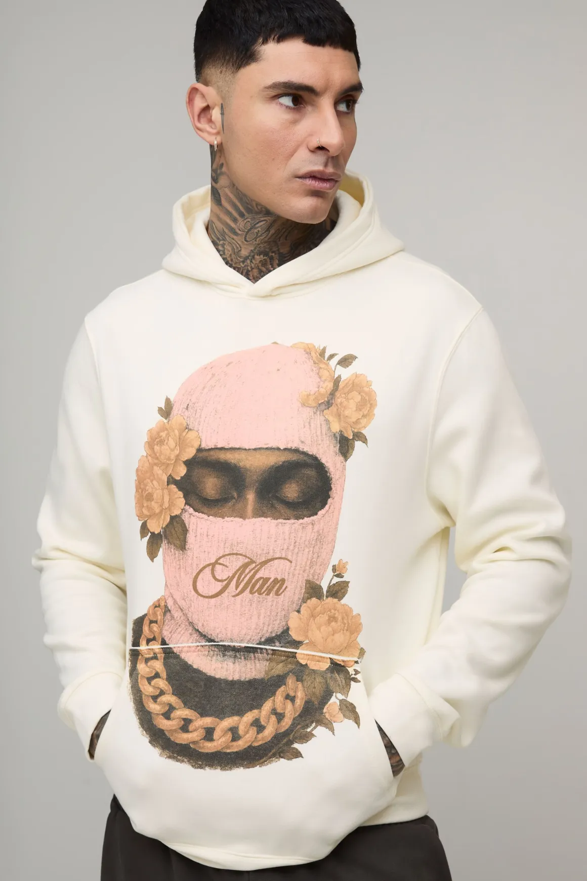 Tall Regular Fit Man Floral Ski Mask Printed Hoodie