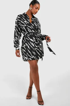 Tall Woven Zebra Belted Shirt Dress