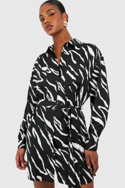 Tall Woven Zebra Belted Shirt Dress