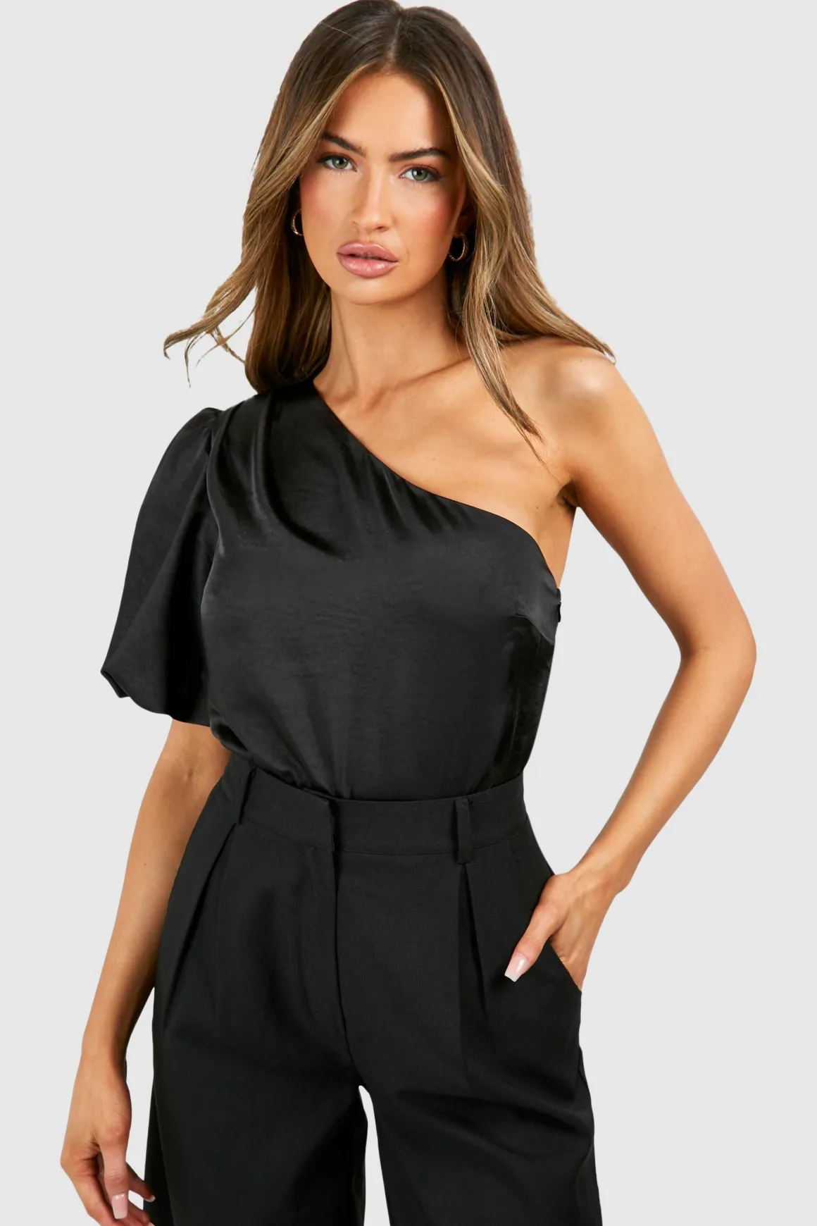 Texturé Bodysuit en Satin à Manches Ballon