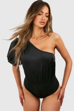 Texturé Bodysuit en Satin à Manches Ballon