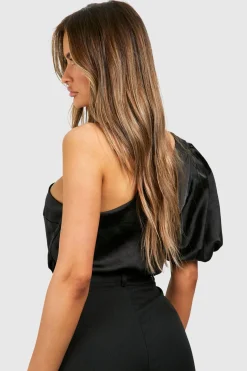 Texturé Bodysuit en Satin à Manches Ballon