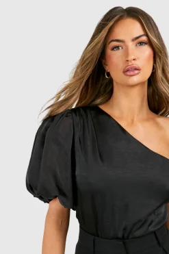 Texturé Bodysuit en Satin à Manches Ballon