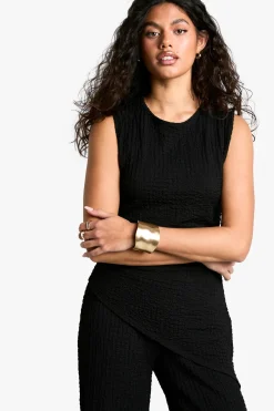 Texturé Ensemble Coordonné Haut Sans Manches à Ourlet Asymétrique et Pantalon