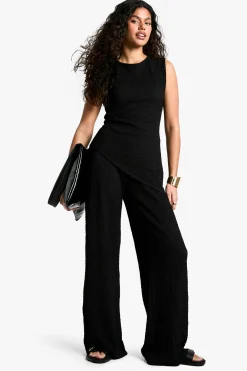 Texturé Ensemble Coordonné Haut Sans Manches à Ourlet Asymétrique et Pantalon