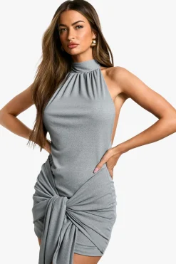 boohoo Texturé Mesh Robe Mini en Maille à Encolure Froncée avec Noeud à la Taille<Femme Robes Moulantes|Robes