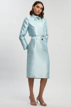 The Founder Satin Twill Belted Tailored Midi Skirt