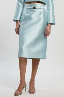 The Founder Satin Twill Belted Tailored Midi Skirt