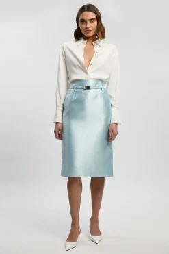 The Founder Satin Twill Belted Tailored Midi Skirt