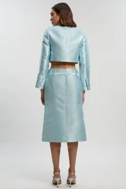 The Founder Satin Twill Belted Tailored Midi Skirt