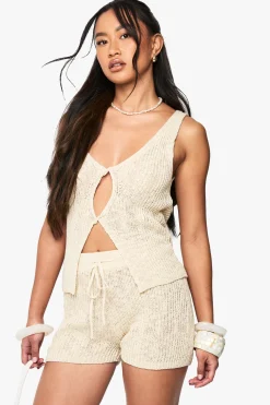 boohoo Tie Waist Tricoté en Crochet Short<Femme Pulls Et Gilets|Toutes Les Mailles