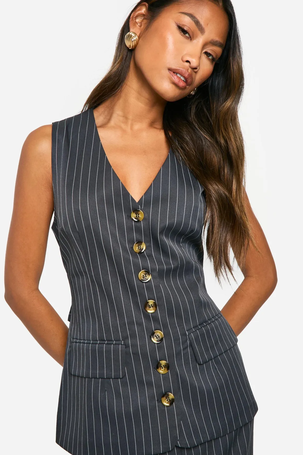 Tonal Pinstripe Longline Waistcoat