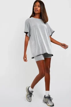 boohoo 2 Tone Rib Oversized T-shirt & Cycling Short Set<Femme Ensembles