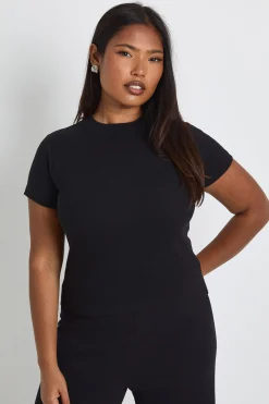 boohoo Top Ajusté Long À Manches Courtes En Maille Côtelée Basique Plus<Femme Basiques|Tops