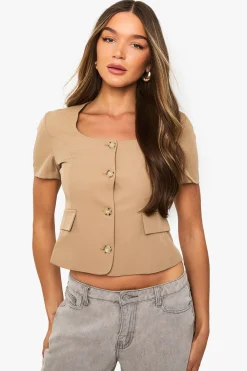 boohoo Top ajusté à manches courtes boutonné<Femme Tailleurs|Tops