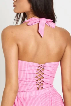 boohoo Top Ajusté Rayé À Dos Lacé Et Col Licou<Femme Satin Et Dentelle|Tops