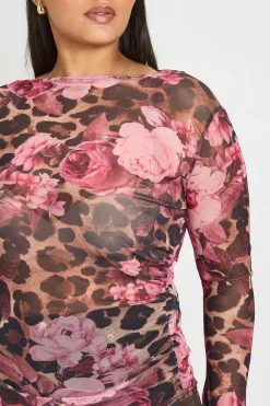 boohoo Top Asymétrique Grande Taille En Mesh Et Floral<Femme Imprimé Léopard|Tops